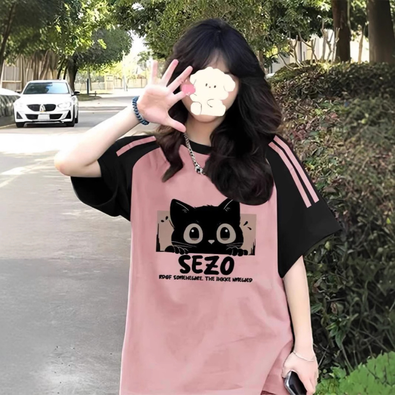 Amerikietiški retro stiliaus trijų juostų „Raglan“ marškinėliai trumpomis rankovėmis mergaitėms, vasariniai, jaunesniųjų klasių moksleiviams, laisvi marškinėliai pusrankovėmis.