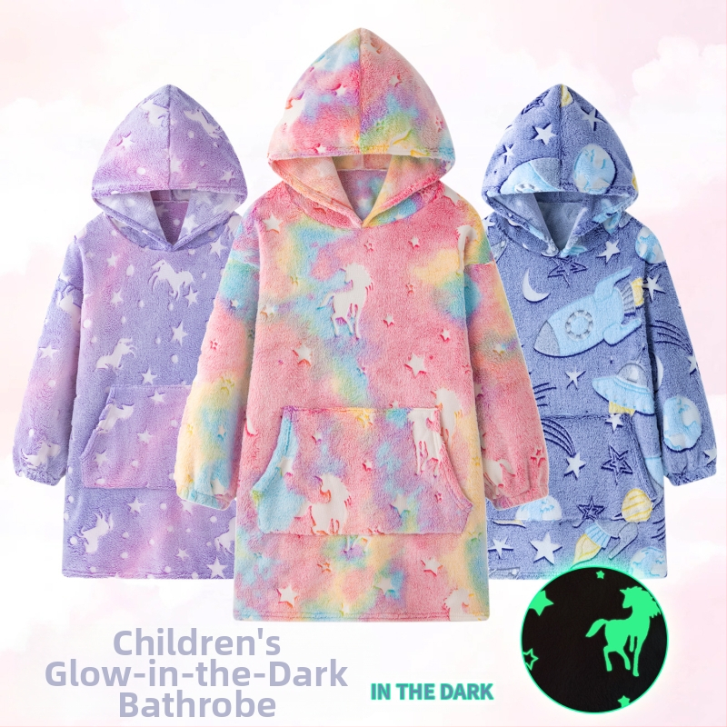 2023 трансграничен еднорог светещ лъскав фланелен халат с качулка детски мързеливи дрехи светещо одеяло домашно облекло