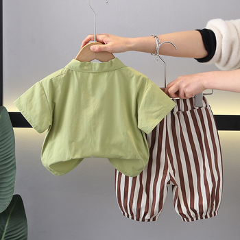 Παιδικό καλοκαιρινό λεπτό παιδικό πουκάμισο 1-3-4, παιδικό ριγέ αντικουνουπικό παντελόνι, κορεάτικο καλοκαιρινό κοστούμι για αγόρια 2