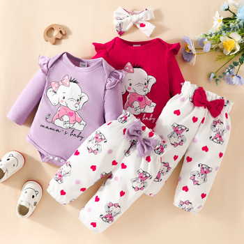 Europska i američka dječja odjeća Jesenske i zimske hlače dugih rukava Odijelo za djevojčice s crtanim slonom i hlačama s printom životinja i mašnom