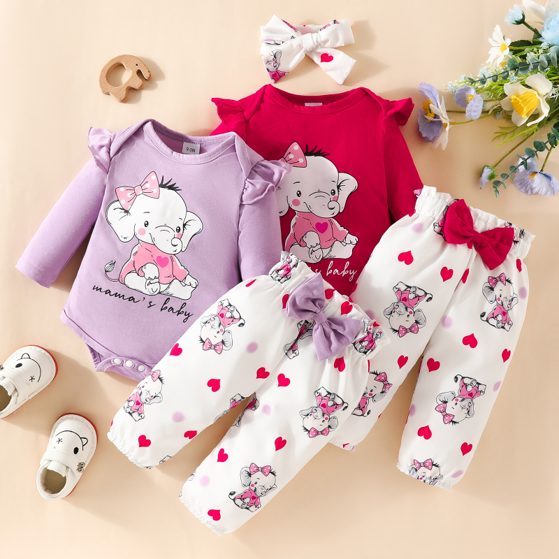 Europska i američka dječja odjeća Jesenske i zimske hlače dugih rukava Odijelo za djevojčice s crtanim slonom i hlačama s printom životinja i mašnom