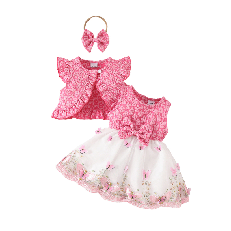 2025 Comerț exterior de vară dulce fată fără mâneci jachetă scurtă vestă fluture plasă rochie casual costum