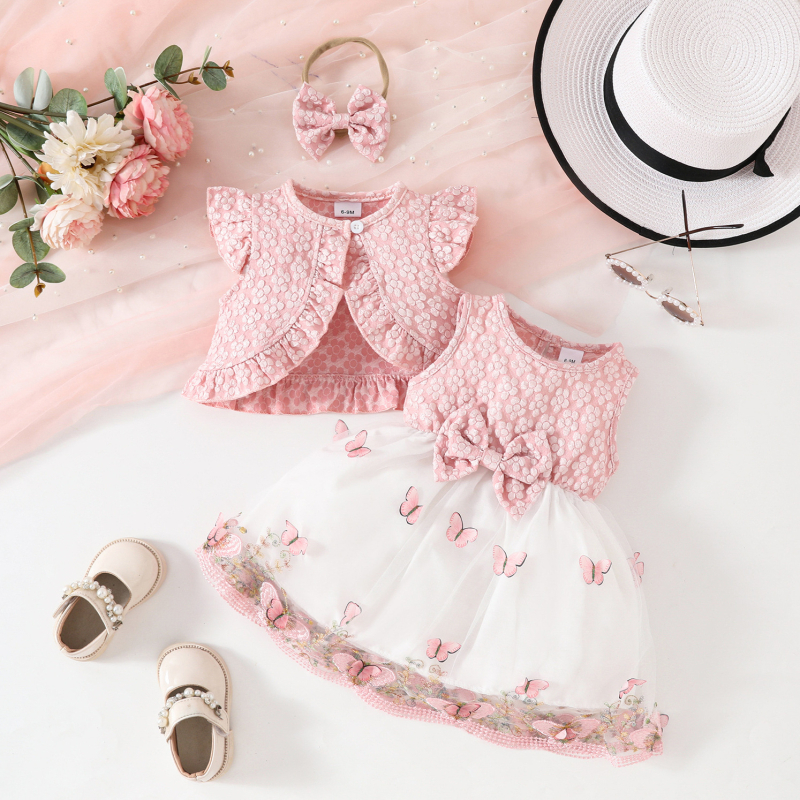 2025 Comerț exterior de vară dulce fată fără mâneci jachetă scurtă vestă fluture plasă rochie casual costum