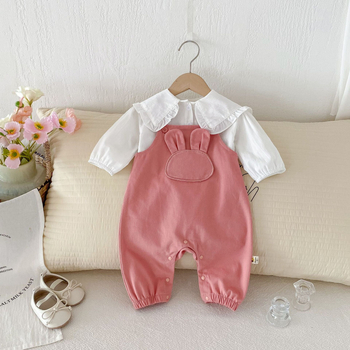 Φθινοπωρινό χαριτωμένο παντελόνι με αρκουδάκι και τιράντες για το μωρό, μπλε γιακάς, Stylisch, ολόσωμο κοστούμι δύο τεμαχίων για μωρά κορίτσια