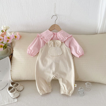 Φθινοπωρινό χαριτωμένο παντελόνι με αρκουδάκι και τιράντες για το μωρό, μπλε γιακάς, Stylisch, ολόσωμο κοστούμι δύο τεμαχίων για μωρά κορίτσια