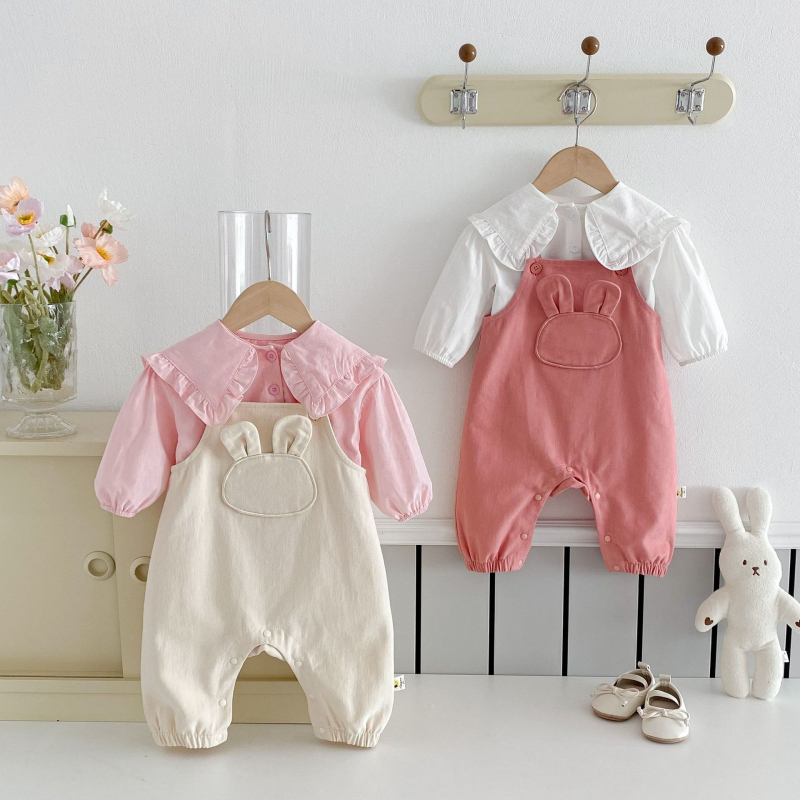 Φθινοπωρινό χαριτωμένο παντελόνι με αρκουδάκι και τιράντες για το μωρό, μπλε γιακάς, Stylisch, ολόσωμο κοστούμι δύο τεμαχίων για μωρά κορίτσια