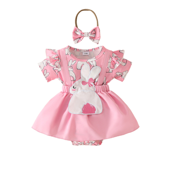 2025 Ευρώπη και Ηνωμένες Πολιτείες 0-1 έτους κοριτσάκι Πασχαλινό φόρεμα με κοντά μανίκια και ψεύτικες τιράντες, τριγωνικό khayi, με θέμα τα μαλλιά του κουνελιού