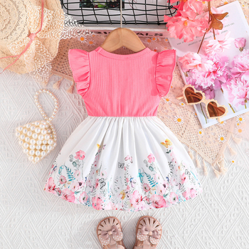 Φόρεμα μόδας για βρέφη και νήπια 2024 με μανίκια για κορίτσια, τυπωμένο, φούστα με ραφές, έτοιμο για απόθεμα χονδρικής