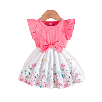 Φόρεμα μόδας για βρέφη και νήπια 2024 με μανίκια για κορίτσια, τυπωμένο, φούστα με ραφές, έτοιμο για απόθεμα χονδρικής