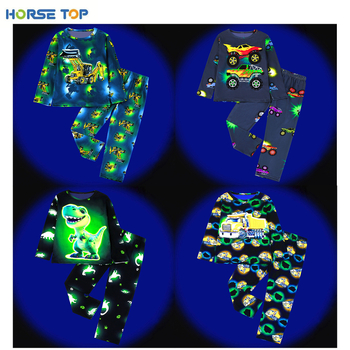 [Leegiaeglustav] Poiste ja tüdrukute pikkade varrukatega püksid Koduriided Laste pidžaamaülikond Digitaalne roheline fluorestseeruv dinosauruse auto piiriülesed töötajad