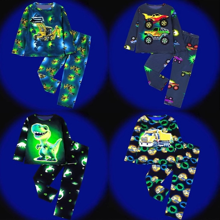 [Leegiaeglustav] Poiste ja tüdrukute pikkade varrukatega püksid Koduriided Laste pidžaamaülikond Digitaalne roheline fluorestseeruv dinosauruse auto piiriülesed töötajad