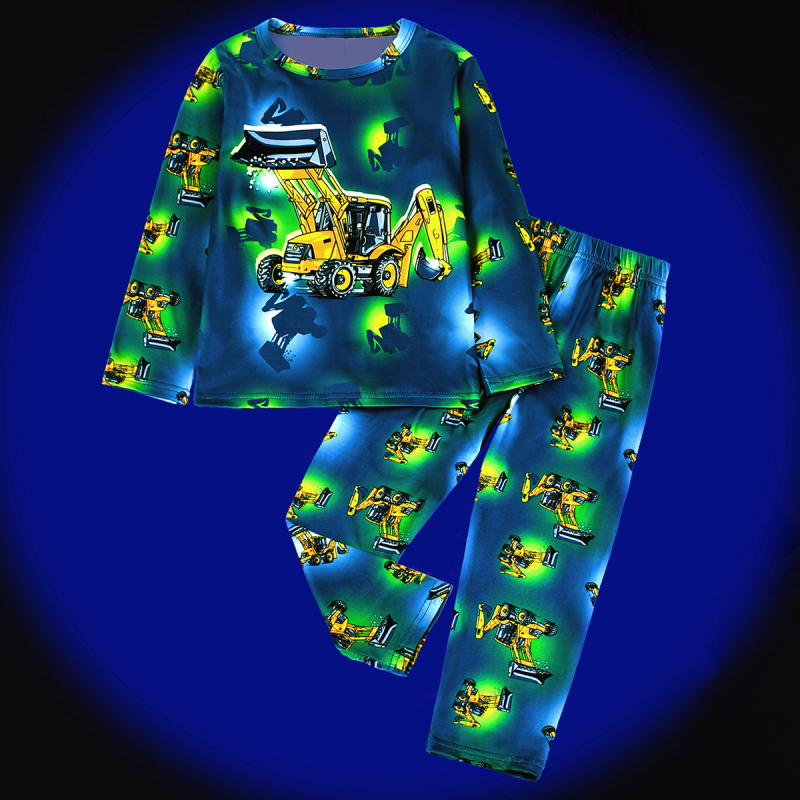 [Leegiaeglustav] Poiste ja tüdrukute pikkade varrukatega püksid Koduriided Laste pidžaamaülikond Digitaalne roheline fluorestseeruv dinosauruse auto piiriülesed töötajad
