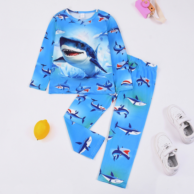 [Leegiaeglustav] Poiste ja tüdrukute pikkade varrukatega püksid Koduriided Laste pidžaamaülikond Digitaalne roheline fluorestseeruv dinosauruse auto piiriülesed töötajad