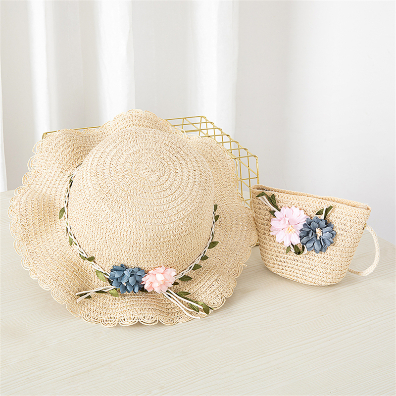 Nyári új szülő-gyermek szalmakalap táska szett gyermek strandkalap lány friss virágos napernyő kalap