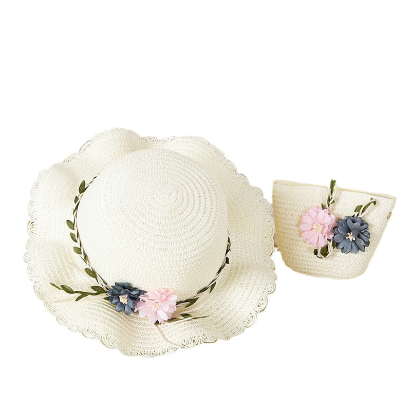 Nyári új szülő-gyermek szalmakalap táska szett gyermek strandkalap lány friss virágos napernyő kalap