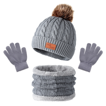 Căciulă tricotată transfrontalieră pentru copii din Europa și America, mănuși cu eșarfă, trei piese, toamnă și iarnă, fabrică de căciuli pentru bebeluși cu bile de blană, în stoc
