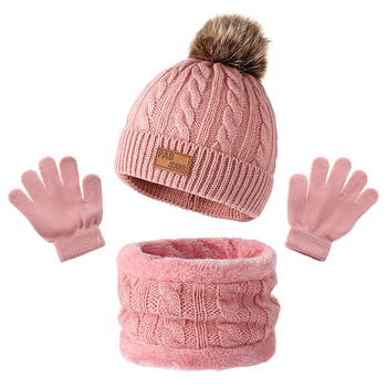 Căciulă tricotată transfrontalieră pentru copii din Europa și America, mănuși cu eșarfă, trei piese, toamnă și iarnă, fabrică de căciuli pentru bebeluși cu bile de blană, în stoc