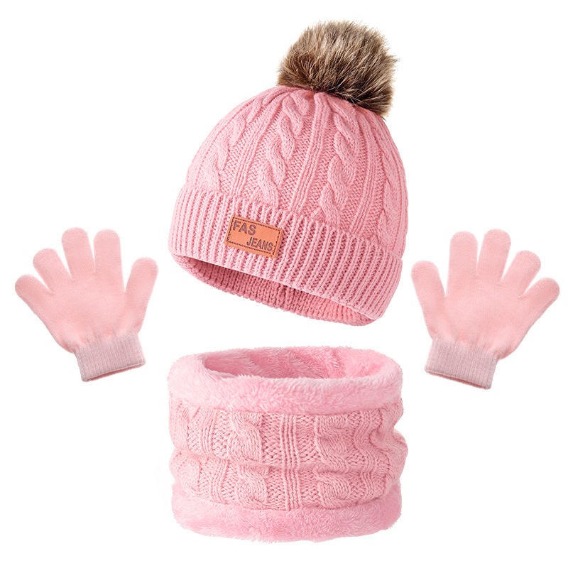 Căciulă tricotată transfrontalieră pentru copii din Europa și America, mănuși cu eșarfă, trei piese, toamnă și iarnă, fabrică de căciuli pentru bebeluși cu bile de blană, în stoc