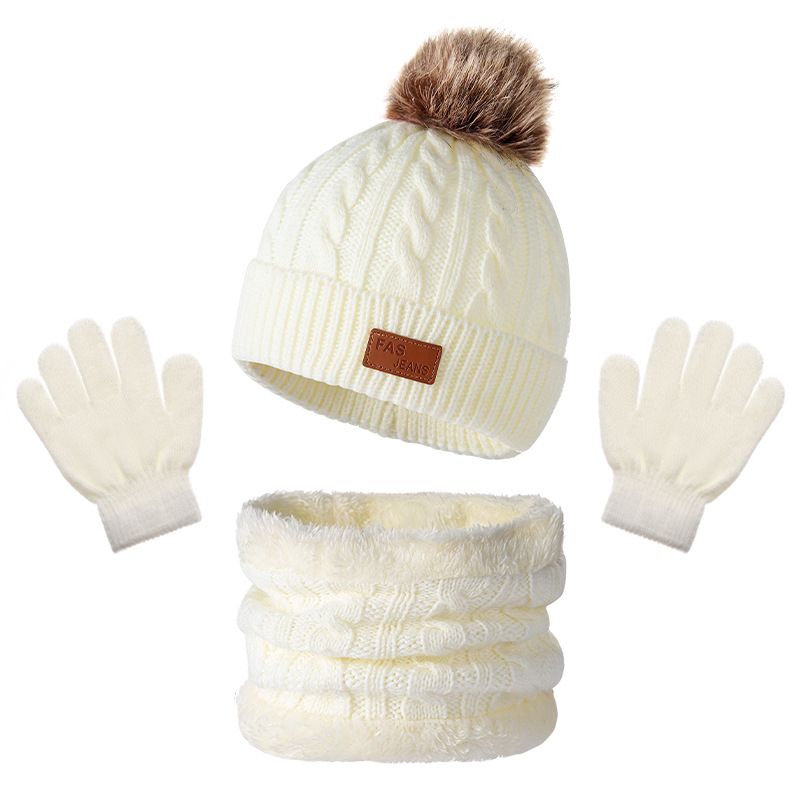 Căciulă tricotată transfrontalieră pentru copii din Europa și America, mănuși cu eșarfă, trei piese, toamnă și iarnă, fabrică de căciuli pentru bebeluși cu bile de blană, în stoc