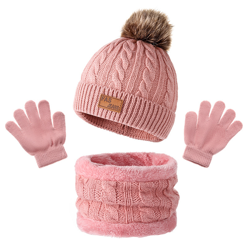Căciulă tricotată transfrontalieră pentru copii din Europa și America, mănuși cu eșarfă, trei piese, toamnă și iarnă, fabrică de căciuli pentru bebeluși cu bile de blană, în stoc