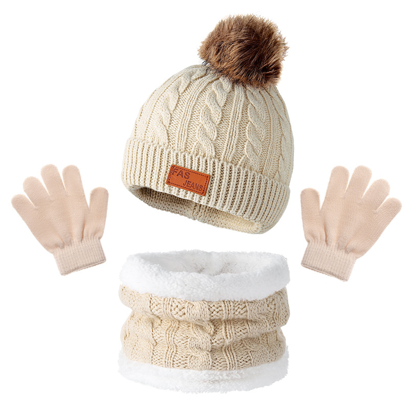 Căciulă tricotată transfrontalieră pentru copii din Europa și America, mănuși cu eșarfă, trei piese, toamnă și iarnă, fabrică de căciuli pentru bebeluși cu bile de blană, în stoc