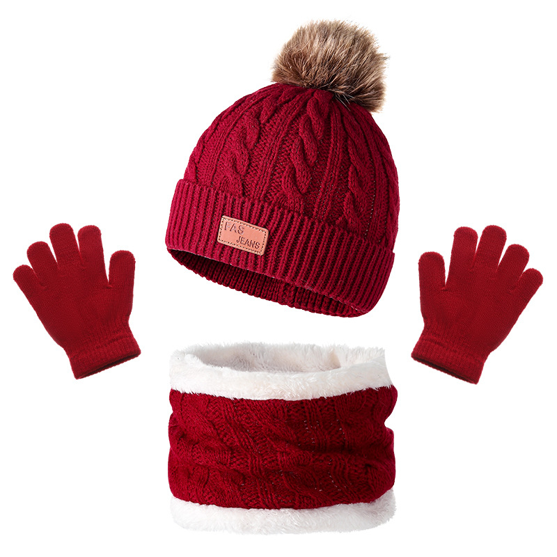 Căciulă tricotată transfrontalieră pentru copii din Europa și America, mănuși cu eșarfă, trei piese, toamnă și iarnă, fabrică de căciuli pentru bebeluși cu bile de blană, în stoc
