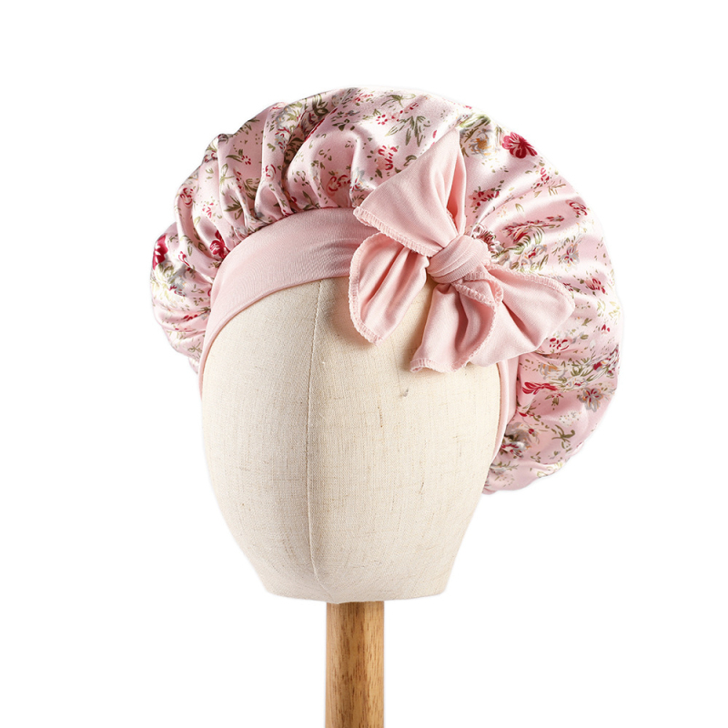 Casca pentru îngrijirea părului bebelușilor cu imprimeu satinat, cască rotundă din dantelă elastică transfrontalieră europeană și americană, cu panglică și fundă de dormit pentru copii Amazon