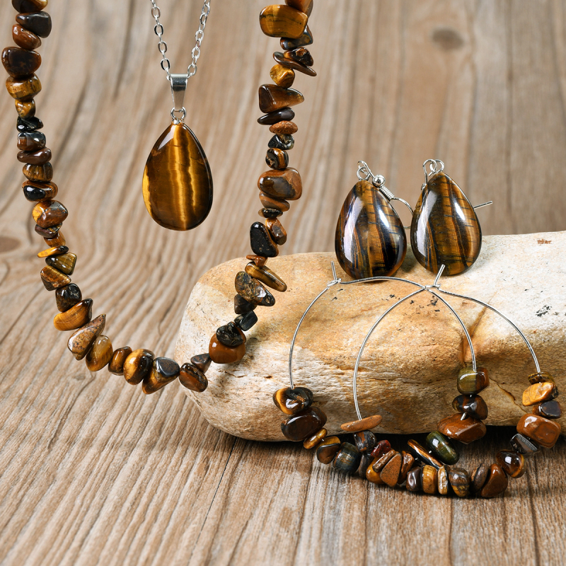 Boheemlaslik 4-osaline komplekt veepiisaga looduskivist kaelakee kõrvarõngad ametüstist tiigrisilmakivist kruusaehted ülikonna hulgimüük