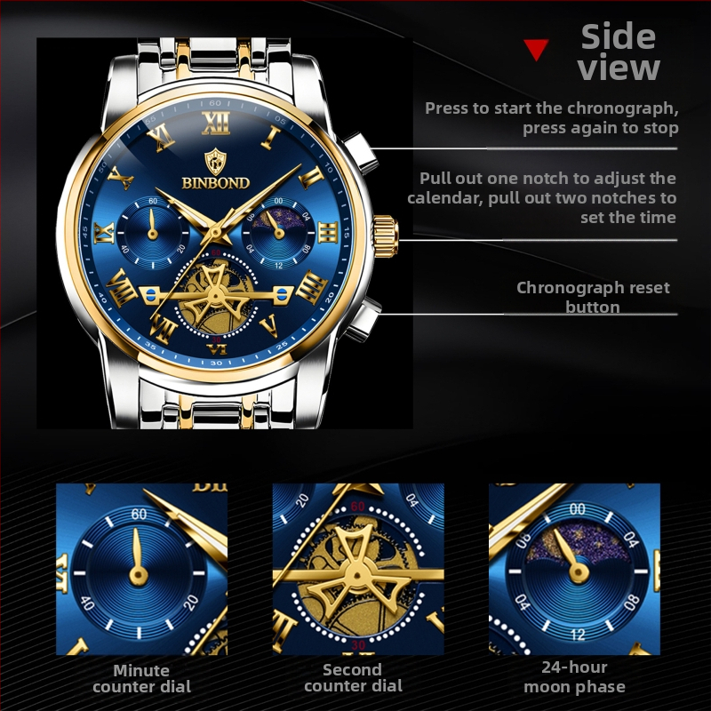 Часовници марка Binbang на едро, производители на светещи кухи водоустойчиви трансгранични кварцови часовници, мъжки часовници, външна търговия, мъжки часовници