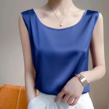 Vestă de vară exterioară, albastru marin, cu umeri lați, din mătase simulată și satin, culoare pură, versatilă, cu guler în U, lejeră, din acetat, pentru femei