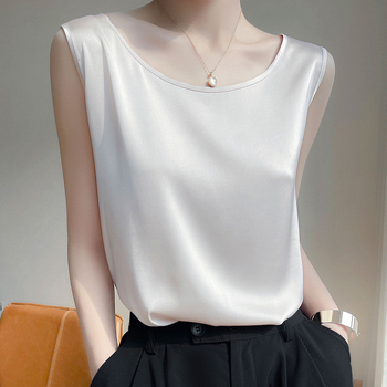 Καλοκαιρινή εξωτερική ένδυση Μπλε φαρδύς ώμος με προσομοίωση μεταξωτού μεταξωτού και σατέν, καθαρό χρώμα, ευέλικτο γιλέκο U-Neck με χαλαρή λαιμόκοψη Acetate για γυναίκες