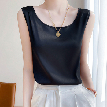 Καλοκαιρινή εξωτερική ένδυση Μπλε φαρδύς ώμος με προσομοίωση μεταξωτού μεταξωτού και σατέν, καθαρό χρώμα, ευέλικτο γιλέκο U-Neck με χαλαρή λαιμόκοψη Acetate για γυναίκες