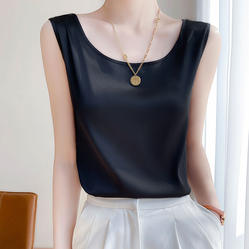 Vestă de vară exterioară, albastru marin, cu umeri lați, din mătase simulată și satin, culoare pură, versatilă, cu guler în U, lejeră, din acetat, pentru femei