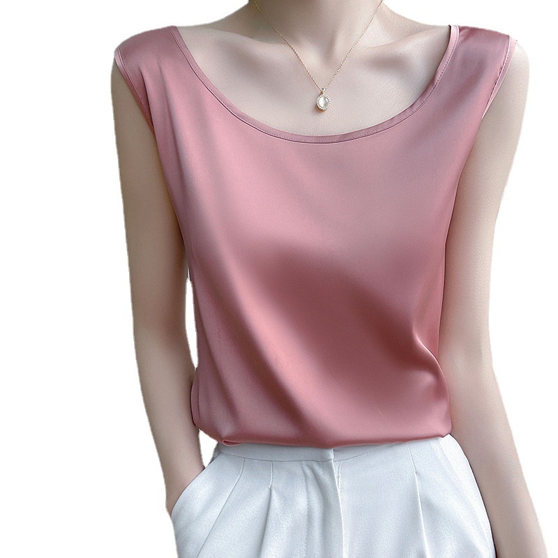 Vestă de vară exterioară, albastru marin, cu umeri lați, din mătase simulată și satin, culoare pură, versatilă, cu guler în U, lejeră, din acetat, pentru femei