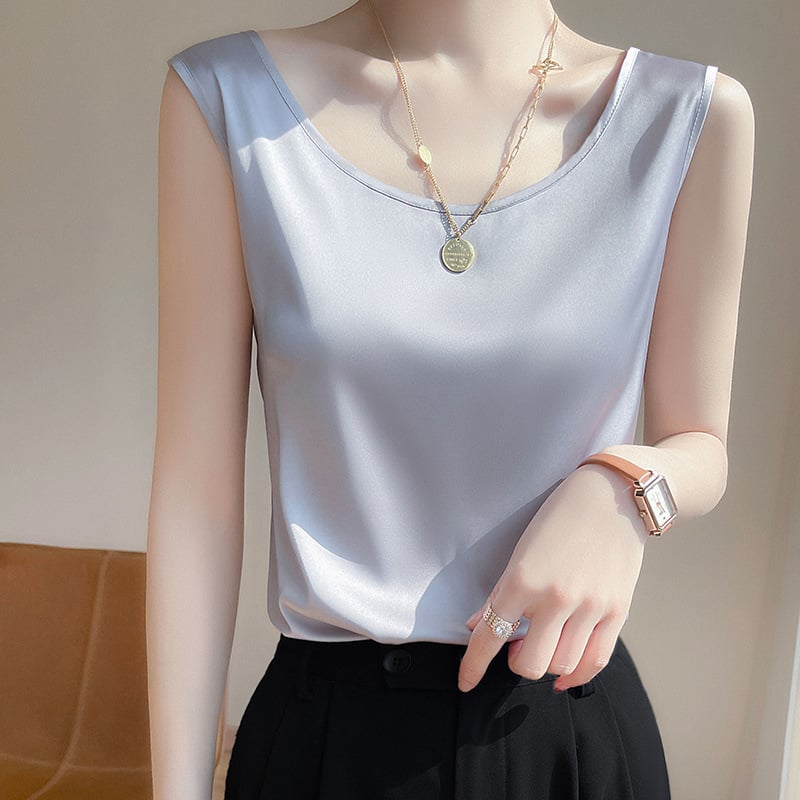 Vestă de vară exterioară, albastru marin, cu umeri lați, din mătase simulată și satin, culoare pură, versatilă, cu guler în U, lejeră, din acetat, pentru femei