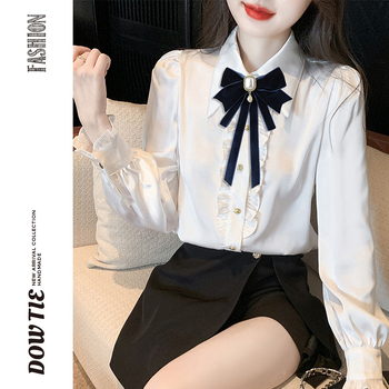 2024 m. nauja moteriška juodo kaklaraiščio kaspino apykaklė su gėlių marškinių apykakle, prancūziško kaspino ir akademijos stiliaus segtukas