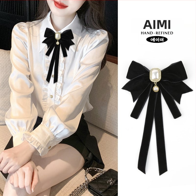 2024 Nou Black Tie pentru femei, guler cu fundă, floral, guler de cămașă, decorațiune cu panglică franceză, stil Academy, pin