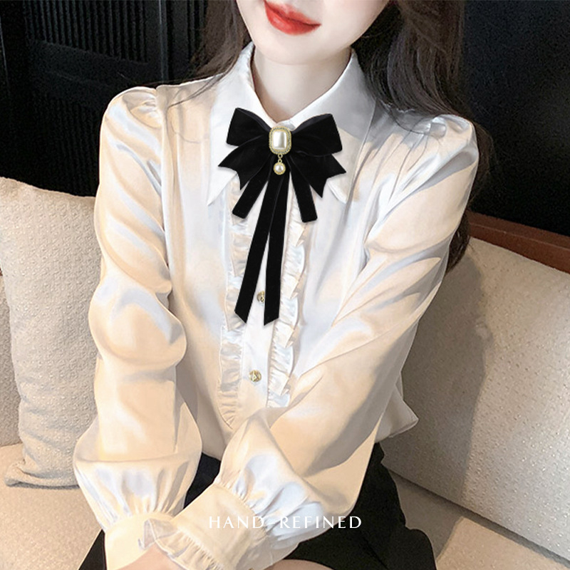 2024 m. nauja moteriška juodo kaklaraiščio kaspino apykaklė su gėlių marškinių apykakle, prancūziško kaspino ir akademijos stiliaus segtukas