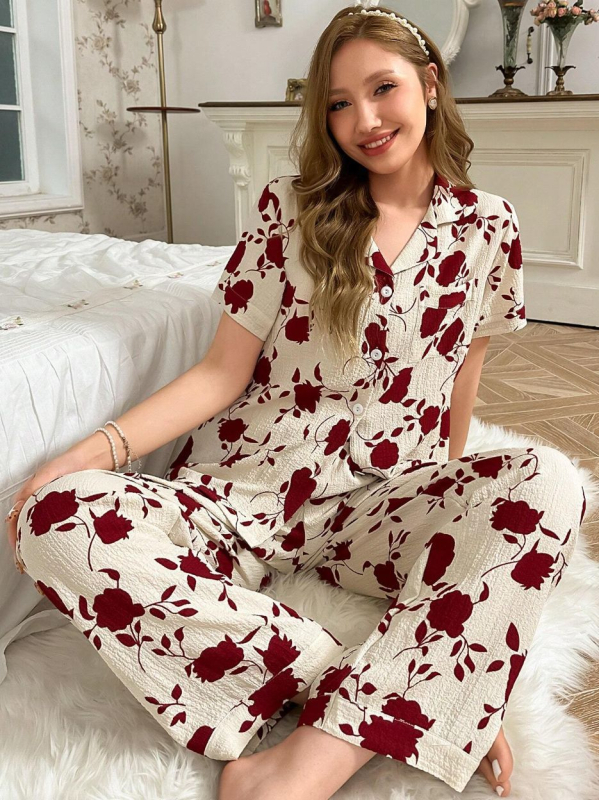 Prekogranična vanjska trgovina Kućna odjeća Zou platnene pidžame s printom Hlače kratkih rukava Kardigan Europsko i američko odijelo Novo žensko odijelo s reverom