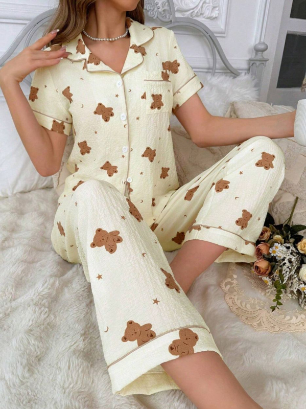 Prekogranična vanjska trgovina Kućna odjeća Zou platnene pidžame s printom Hlače kratkih rukava Kardigan Europsko i američko odijelo Novo žensko odijelo s reverom