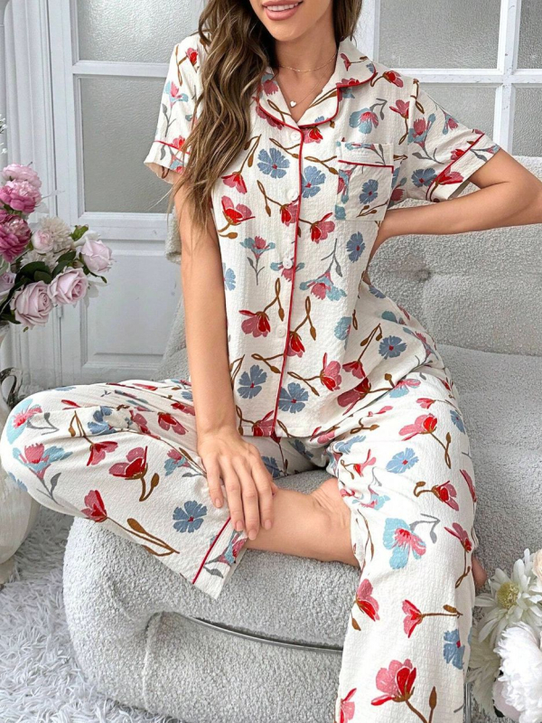 Prekogranična vanjska trgovina Kućna odjeća Zou platnene pidžame s printom Hlače kratkih rukava Kardigan Europsko i američko odijelo Novo žensko odijelo s reverom