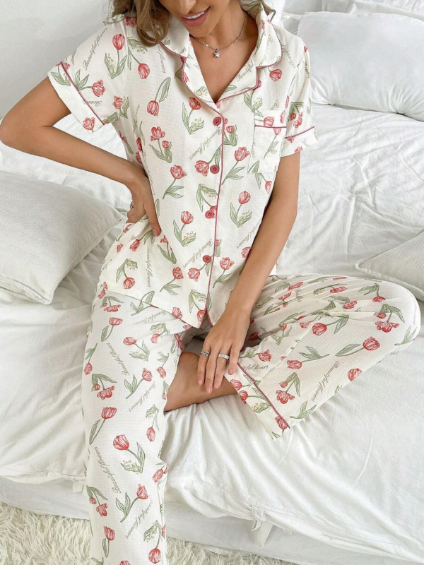 Prekogranična vanjska trgovina Kućna odjeća Zou platnene pidžame s printom Hlače kratkih rukava Kardigan Europsko i američko odijelo Novo žensko odijelo s reverom