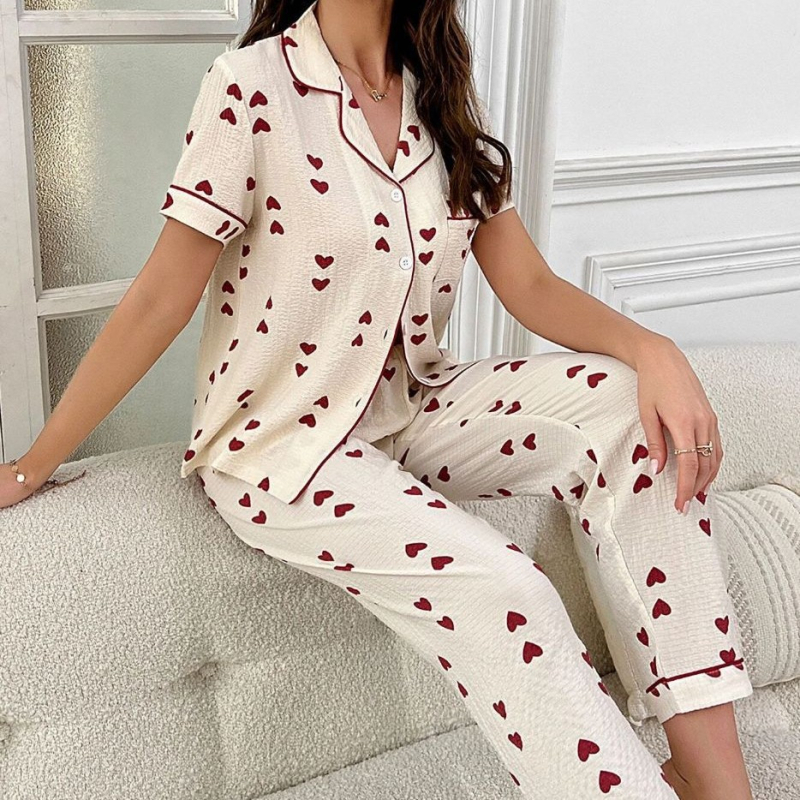 Prekogranična vanjska trgovina Kućna odjeća Zou platnene pidžame s printom Hlače kratkih rukava Kardigan Europsko i američko odijelo Novo žensko odijelo s reverom