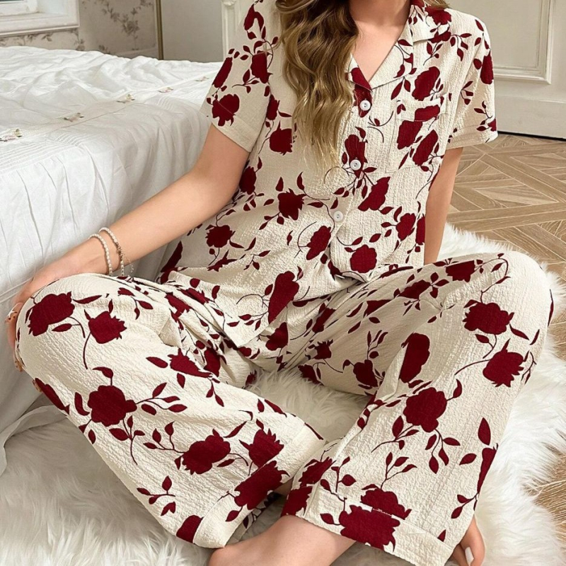 Prekogranična vanjska trgovina Kućna odjeća Zou platnene pidžame s printom Hlače kratkih rukava Kardigan Europsko i američko odijelo Novo žensko odijelo s reverom