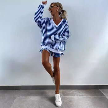 Νέο γυναικείο casual ριγέ κοστούμι με μακριά μανίκια και λαιμόκοψη V, αθλητικό σορτς με φαρδιά μπλούζα, σετ 2 τεμαχίων Amazon στην Ευρώπη και την Αμερική