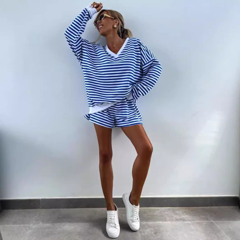 Set nou de 2 piese pentru femei, cu dungi, casual, cu mânecă lungă, decolteu în V, lejer, cu pantaloni scurți sport, Amazon, în Europa și America