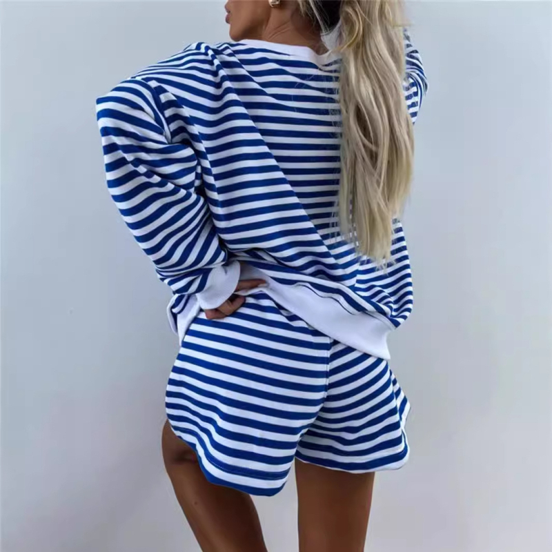 Set nou de 2 piese pentru femei, cu dungi, casual, cu mânecă lungă, decolteu în V, lejer, cu pantaloni scurți sport, Amazon, în Europa și America