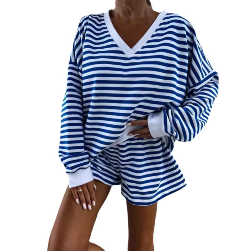 Set nou de 2 piese pentru femei, cu dungi, casual, cu mânecă lungă, decolteu în V, lejer, cu pantaloni scurți sport, Amazon, în Europa și America