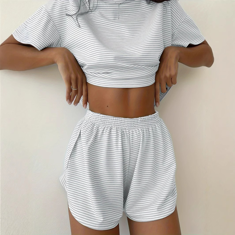 Nove europske i američke ležerne pidžame iz 2025., kućna odjeća, ženska odijela, jednostavne kontrastne pruge, tanki okrugli izrez, široke i udobne