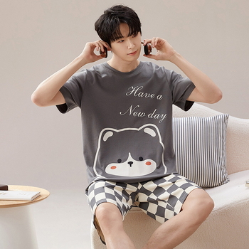 Πιτζάμες για άνδρες καλοκαιρινές απομιμήσεις βαμβακιού διπλό κοντό πουλόβερ φοιτητών αγόρια απλό και κομψό χαριτωμένο μοντέρνο κινούμενο σχέδιο ρούχα για το σπίτι μπορούν να φορεθούν έξω